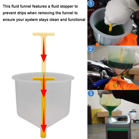 Universal Spill Proof Coolant Fill Funnel Kit With Complete Adapter Set For All Vehicles showing fluid stop feature to prevent drips.
