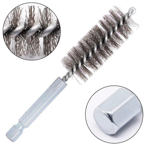 Stainless Steel Bore Brush Set Two Pack With Three Quarter Inch Hex Shank Twisted Round Wire Brushes for Power Drill featuring bristles and hex shank close-up.