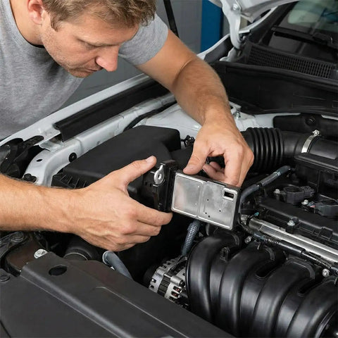 Mass Air Flow Meter Sensor For Cars Plug And Play Replacement, MAF Sensor With Aluminum And Plastic Housing, OEM 22680-7S000 22680-7S00A, Boost Throttle Response, Idle Stability, And Fuel Economy, Durable Engine Performance Part installed in car engine bay