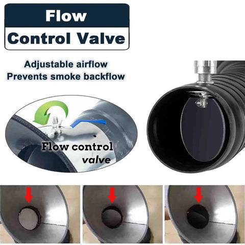 Heavy Duty Flexible Welding Fume Extractor Duct With Adjustable 360 Suction Arm And Sleek Hood, showing flow control valve for adjustable airflow.