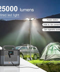 Beastly Bright 25000 Lumen LED Telescoping Camping Light illuminating campsite with tent and power station