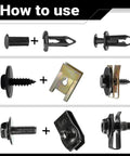 100 Piece Heavy Duty Car Body Screws And Bolts Kit showing assembly of black and metallic fasteners, U nuts, and clips.