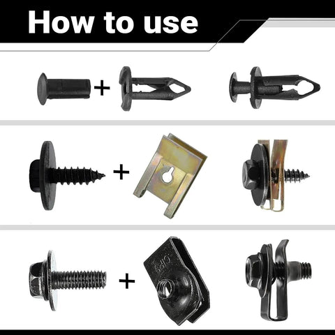 100 Piece Heavy Duty Car Body Screws And Bolts Kit showing assembly of black and metallic fasteners, U nuts, and clips.