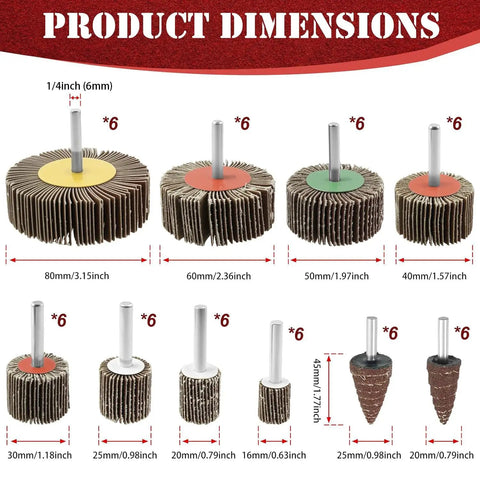 Dimensions of 60 Piece Sandpaper Flap Wheel Kit With 80 Grit Flap Wheels And Quarter Inch Shank For Drill Use, cylindrical and conical heads.