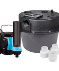 Compact Under Sink Sump Pump System Drainosaur 115V One Third HP 2760 GPH with 10 Ft Cord, black and blue unit, easy install