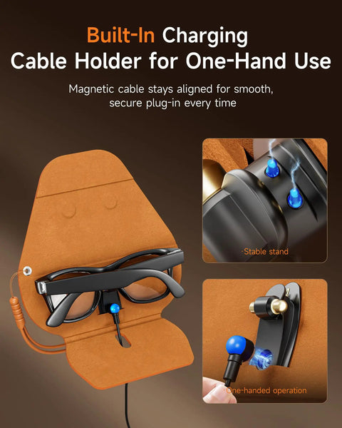 Portable Magnetic Charging Case For Ray Ban Meta Smart Glasses Gen 1 And Gen 2 One Hand Fast Charge brown case with glasses