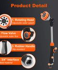 Long 18.5 Inch Garden Hose Wand With 180 Degree Swivel Head And 8 Spray Patterns, durable ABS plastic, product features shown