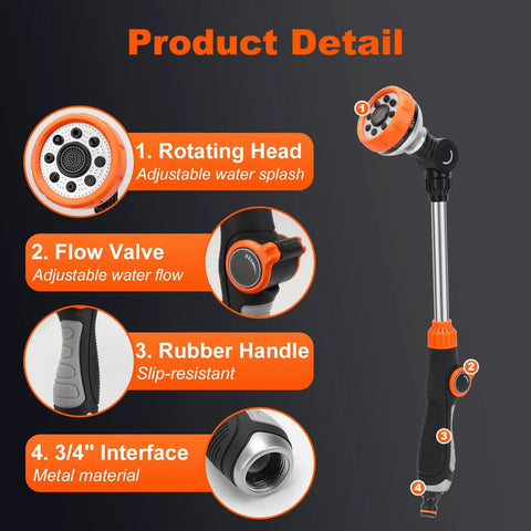 Long 18.5 Inch Garden Hose Wand With 180 Degree Swivel Head And 8 Spray Patterns, durable ABS plastic, product features shown