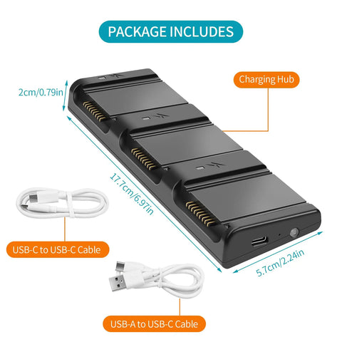 Package includes Two-Way Charger Hub For DJI Air 3S And Air 3 Batteries, USB cables, for sequential charging of three packs