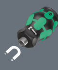 Kraftform Kompakt Stubby Magnetic Bit Set With Integrated Magazine shown on gray background with magnetic symbol, ergonomic two-component grip.