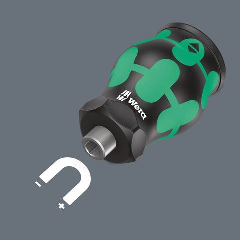 Kraftform Kompakt Stubby Magnetic Bit Set With Integrated Magazine shown on gray background with magnetic symbol, ergonomic two-component grip.
