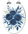 Elongated Toilet Seat Quiet Close Quick Release Bathroom with blue floral design and silver hinges, 14.5" x 18.5" size.