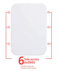 Six Outlet Surge Protector Wall Tap Extender With Side Access, 1500 Joules, white design showing outlet configuration, UL Listed