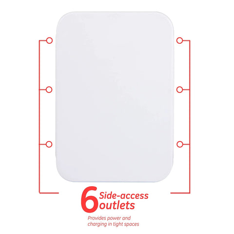 Six Outlet Surge Protector Wall Tap Extender With Side Access, 1500 Joules, white design showing outlet configuration, UL Listed