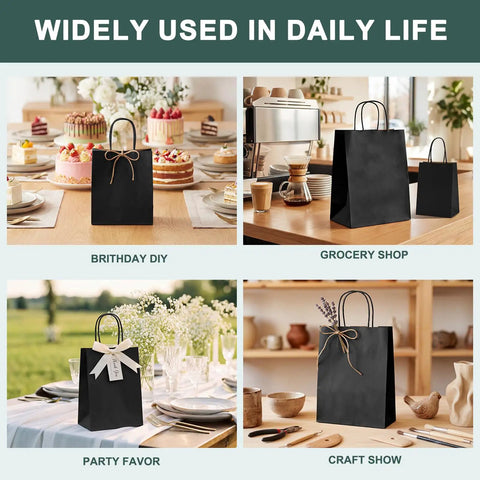 400 Pack Black Paper Gift Bags 16x6x12 Inches With Handles Made From Recycled Kraft Paper Eco Friendly Bulk Bags on table display