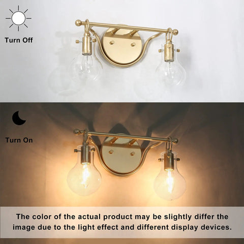 Two Light Gold Vanity Light With Clear Glass Shades For Bathroom, Modern Decanter Style Fixture in soft gold, off and on view