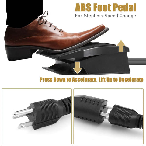 ABS foot pedal for Beefy 6.5mm Flex Shaft Rotary Tool 1000W 30000 RPM Workhorse with speed and direction control and plug details.