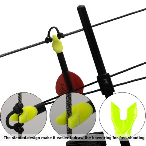 Close-up of 12 Pack Arrow Nocks With 6.2mm Inside Diameter Plastic Insert Nocks For Archery Hunting Curved Yellow Design Built For Fast Shooting And Year Round Durability attached to a bowstring.