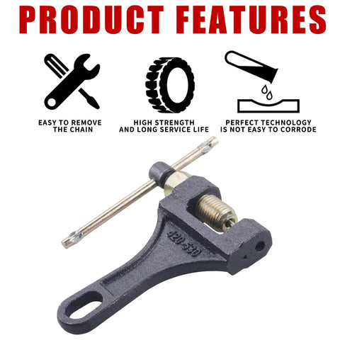 Pro Grade Heavy Duty Chain Breaker Tool for 420-530 Roller Chains with product features icons above