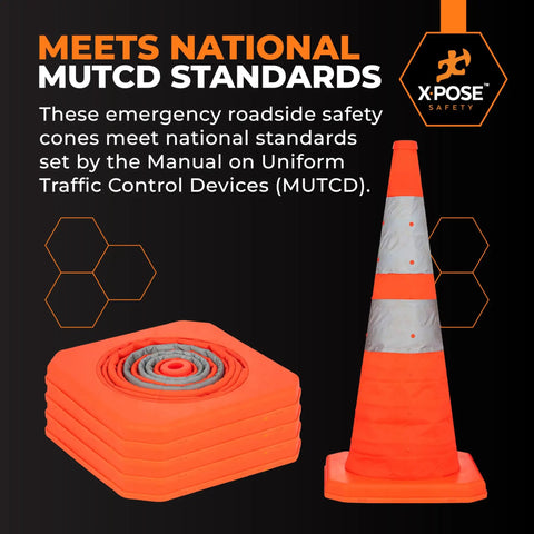 Collapsible 28 Inch Orange Traffic Cone Set For Parking Lot Roadside Emergency Construction Work Zones And Vehicle Safety Reflective Cone Pack Of 3 Great For Traffic Control Night Visibility And Easy Storage with stacked and extended cone