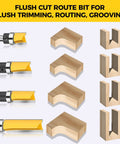 4 Piece Flush Trim Router Bit Set With One Quarter Inch Shank Bearing showcasing precise edge cuts on wood blocks