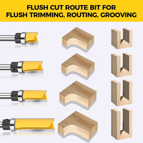 4 Piece Flush Trim Router Bit Set With One Quarter Inch Shank Bearing showcasing precise edge cuts on wood blocks