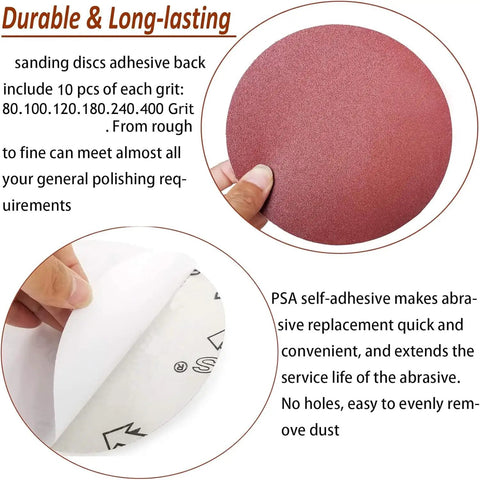 5 Inch PSA Sanding Discs Set With 60 Pieces Ten Each Of 80 100 120 180 240 And 400 Grit Self Adhesive Sticky Back For DA Sander Great For Car Paint Prep Woodworking And Metal Shaping shown