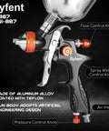 Dang Good HVLP Spray Gun Set Delivering Smooth As Butter Coverage showing ergonomic aluminum sprayer with adjustable knobs for precise control.