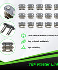 T8F 134 Link Drive Chain Replacement master links for 50cc dirt bikes, showing metal construction and easy installation.