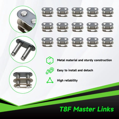 T8F 134 Link Drive Chain Replacement master links for 50cc dirt bikes, showing metal construction and easy installation.
