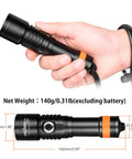 Hand holding D530 1300 Lumen Titanium Dive Light With IP68 Waterproof Build, flashlight dimensions and weight label, side view