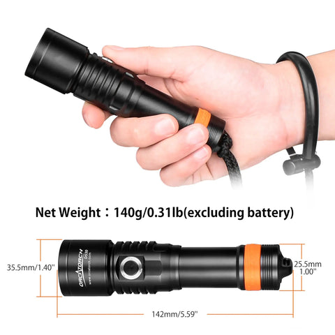 Hand holding D530 1300 Lumen Titanium Dive Light With IP68 Waterproof Build, flashlight dimensions and weight label, side view