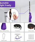 Kids Sensory Swing For Indoor And Outdoor Use Elastic Soft Fabric Therapy Swing For Autism ADHD And Asperger Cozy Cuddle Hammock Chair For Calming And Focus Easy To Install With Included Hanging Kit showing installation accessories like carabiner and straps with purple swing hanging from ceiling.