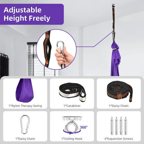 Kids Sensory Swing For Indoor And Outdoor Use Elastic Soft Fabric Therapy Swing For Autism ADHD And Asperger Cozy Cuddle Hammock Chair For Calming And Focus Easy To Install With Included Hanging Kit showing installation accessories like carabiner and straps with purple swing hanging from ceiling.