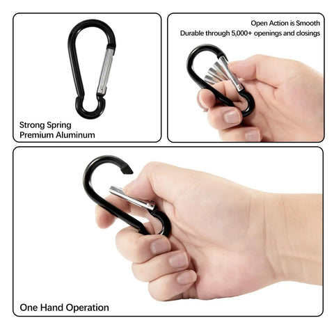 3 Inch Black Aluminum Carabiner Clips 10 Pack Dual Style D Ring And Snap Hook Keychain Carabiners For Keys Camping Boating Backpacks Lightweight Durable Holds Up To 150 Pounds, shown in hand for size and function