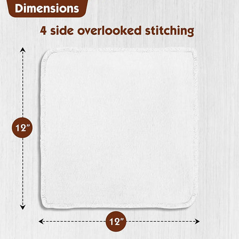 Industrial Shop Towels 14x14 Inches 100 Percent Cotton Heavy Duty Commercial Grade Rags Bulk 500 Pack Lint Free For Dry Or Wet Cleaning Auto Mechanic Garage Towels With Durable Overlocked Edges, 12x12 dimensions with overlocked stitching shown.