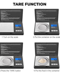Dope Portable Digital Pocket Scale 0.01g Precision, 1000g Max, Backlit LCD Display showing tare function steps