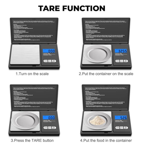 Dope Portable Digital Pocket Scale 0.01g Precision, 1000g Max, Backlit LCD Display showing tare function steps