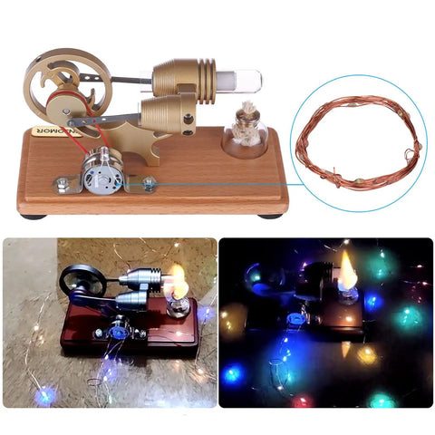 DIY Gamma-Shape Stirling Engine Kit With Generator And LED Lights, bronze metal, 6.30×2.36×2.93 in, wooden base