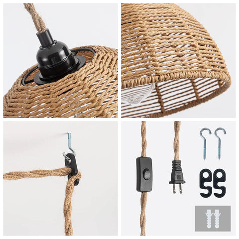 Close-up of 2 Pack Rattan Plug In Pendant Lights With On Off Switch Vintage Farmhouse Hand Woven Bamboo Dome Lighting components.