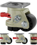 Hella Sturdy Heavy Duty Leveling Casters With Snap Lock Brakes And Smooth Glide Wheels Adjustable Height Shock Resistant Mounts For Furniture Trailer And Workshop Gear Set Of 4 close-up of caster with swivel head and red brake.