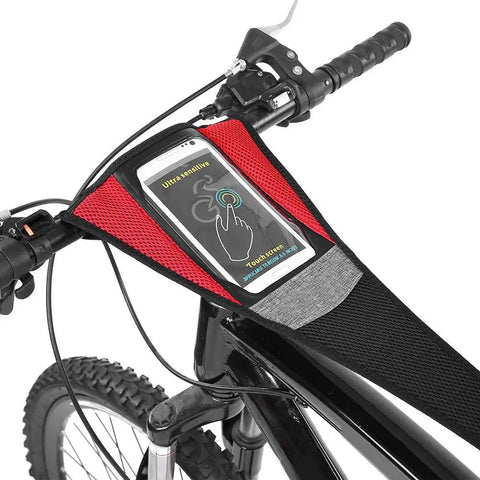 Elastic Bike Sweat Band With Attachments For Indoor Cycling Trainer Black Mesh Denim 56x21cm With Handy Phone Pocket Fits Up To 5.5 Inch Phone on bike handlebars.