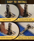 Installation steps for Fifty Pack Universal Cabinet Hinge Restrictor Clips showing hinge close, insert clip, and check fit.
