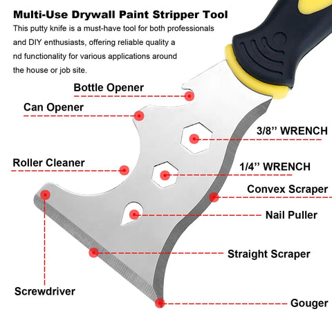 12 In 1 Paint Scraper Tool Multi Use Tough Scraper For Wood Putty Knife Caulk Remover Metal Spackle with labeled parts.