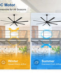 DC motor reversible ceiling fan showcasing winter and summer airflow options in a spacious setting.