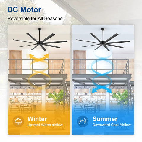 DC motor reversible ceiling fan showcasing winter and summer airflow options in a spacious setting.