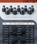 Versatile ANSI Tapping Collets Set For M16 Electric Tapping Machine With Nine Adapters in various sizes displayed in a row