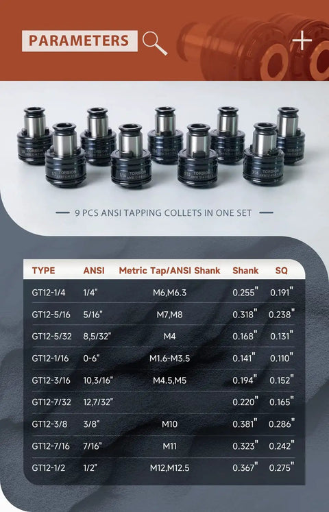 9 pcs ANSI tapping collets in one set displayed, compatible with Heavy Duty Electric Tapping Machine With 360 Degree Universal Tapping Arm And 9Pcs Ansi Collets Built Tough For Smooth M3 To M16 Threading Works Like A Champ Always.