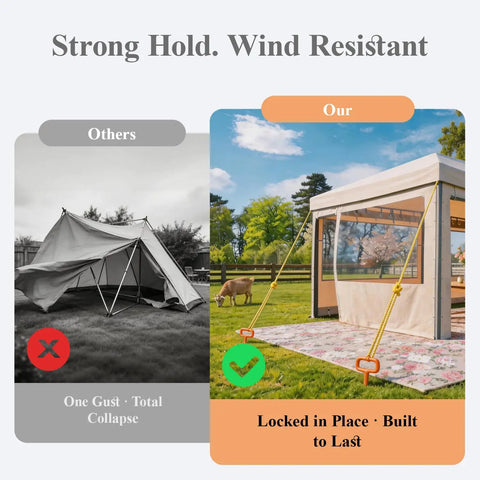 Comparison showing gazebo stability with 15 Inch Screw In Tent Stakes Set With Heavy Duty Ground Anchors Includes Adapter