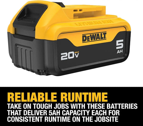DCB205R 20V Max 5Ah Lithium Ion Battery Renewed With LED Charge Indicator on black background with runtime text